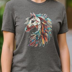 Native Feathered Horse Graphic Tee – Western Boho T-Shirt for Women